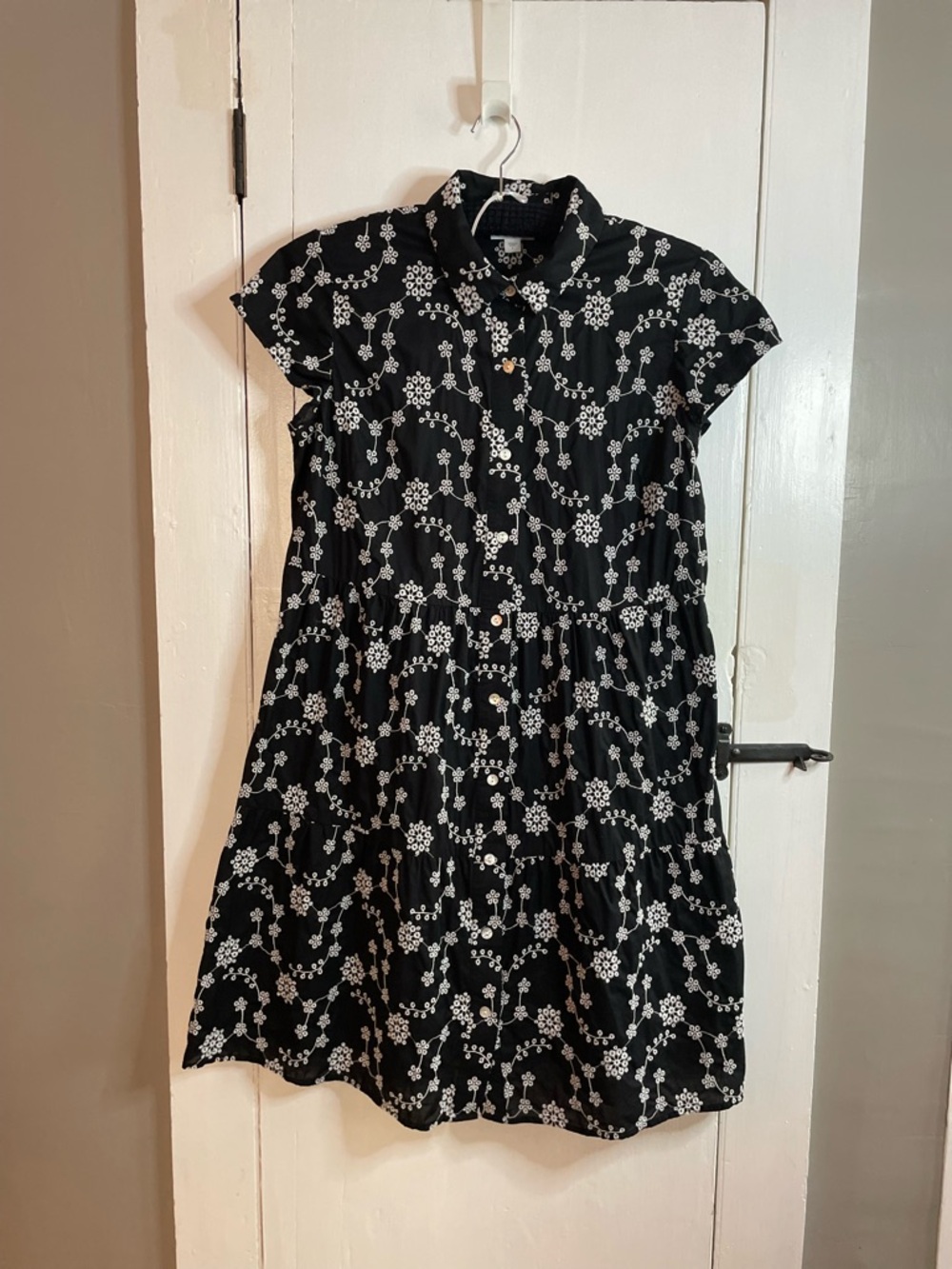 J JILL Black Cotton Dress with White Eyelet Floral Design Cap Sleeves Size S